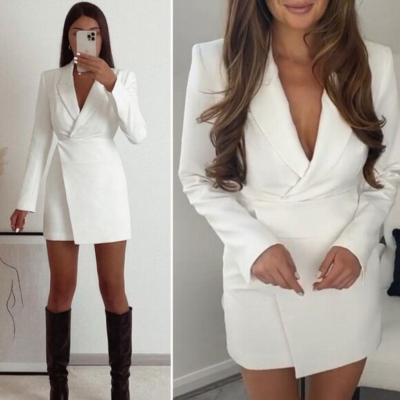 Rare Bloggers Fave Zara White Blaxer Tuxedo Wrap Mini Dress Wedding Rehearsal M - Picture 1 of 14
